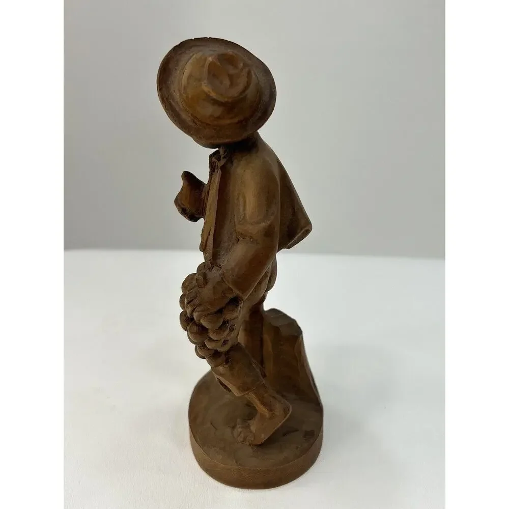 Vintage 1960’s Brown Wood Hand Carved German Oberammergau Boy‎ Holding Grapes
